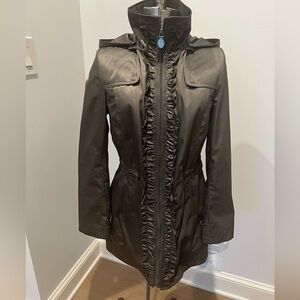 Tahari olive green front jacket with hood and ruffle detail. Size S
